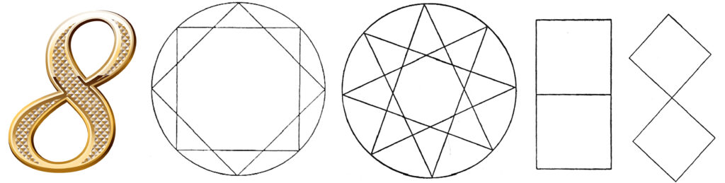 Le nombre 8 peut être vu comme l'entrelacement de deux carrés ou comme une étoile à 8 branches. 